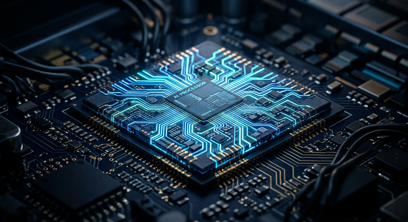 Primer plano de un procesador sobre una placa electrónica iluminada en azul